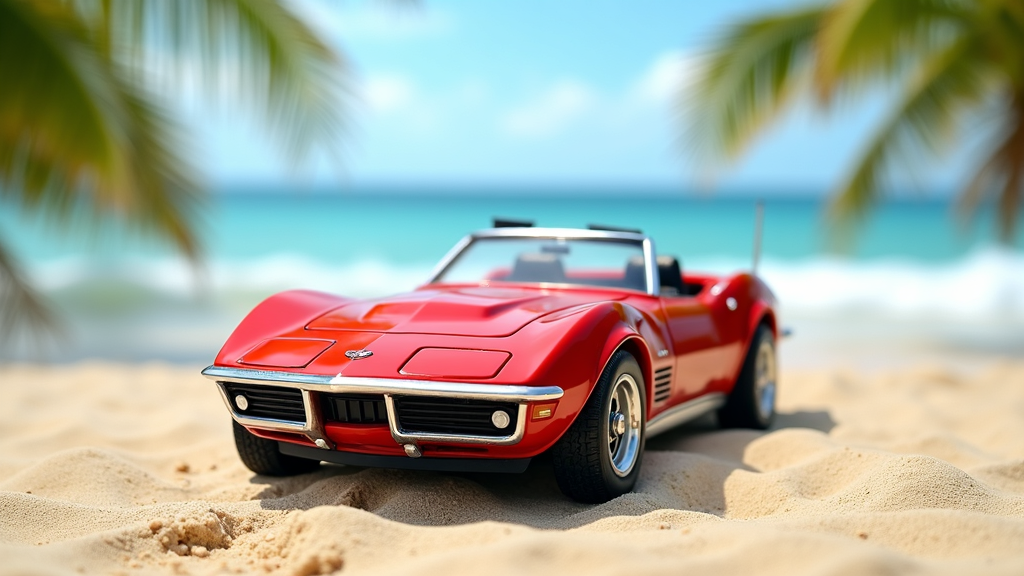 A picture of the following scene... a red 1969 Corvette Stingray convertible's front and driver's side, black interior,  with a sandy beach with blue waves of water, green palm trees in the background of the picture.  The scale of the picture is 3 feet long and 1 foot wide.
