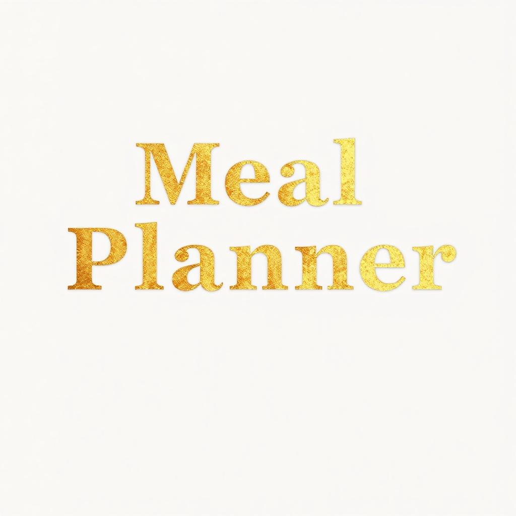 the words "Meal Planner" written in the font of Migratory, over a transparent background. The text should be an aged metallic gold in color and texture.