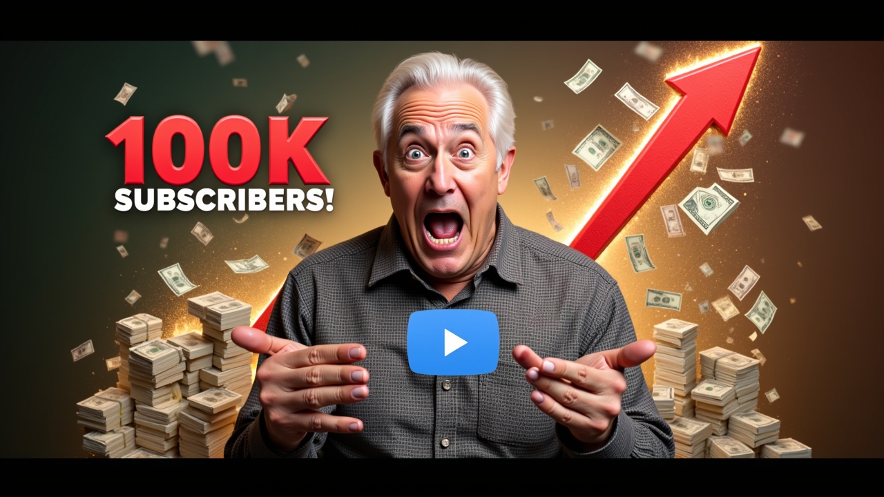 señor adulto in the front surprised and the YouTube logo and a growth graph and lots of money in bundles and a rain of money