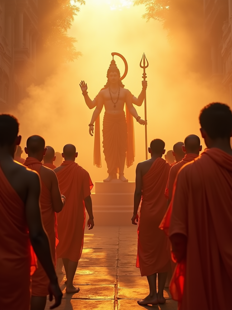A photorealistic image of Ram Navami Puja at dawn, bathed in warm golden light, life size statue of Lord Rama in the middle, priests in vibrant saffron robes chanting ancient mantras, incense smoke swirling, creating a serene, spiritually charged atmosphere reflecting ancient Indian traditions; 