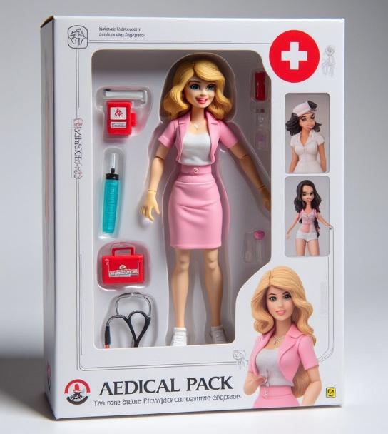 A highly detailed action figure of Irina Kirsanova, a friendly smile, stands in a premium collectible blister pack, styled like a 1980s toy.  The header boldly displays "[Кирсанова Ирина]" above "[Medical Pack]",  with a syringe, stethoscope, and first-aid kit neatly arranged beside her.  The lighting is bright, showcasing vibrant colors and sharp details, evoking a sense of playful nostalgia.
