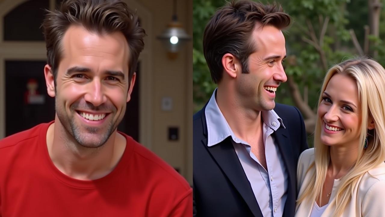 Miniature YouTube 4K inspirée du film Just Friends (2005) — côté gauche : Ryan Reynolds dans son look comique du début du film, avec un grand sourire maladroit et un style vestimentaire ringard des années 2000. Côté droit : Ryan Reynolds version après, élégant et séduisant, chemise ouverte ou costume ajusté, cheveux soignés, sourire charmeur. Amy Smart est placée à côté de lui, le regardant avec un air admiratif et complice. Les deux côtés sont séparés par un effet de transition lumineux et dynamique. Style réaliste, ambiance humoristique et romantique, couleurs vives, format 3840x2160, miniature optimisée pour YouTube, taille inférieure à 2 Mo.
