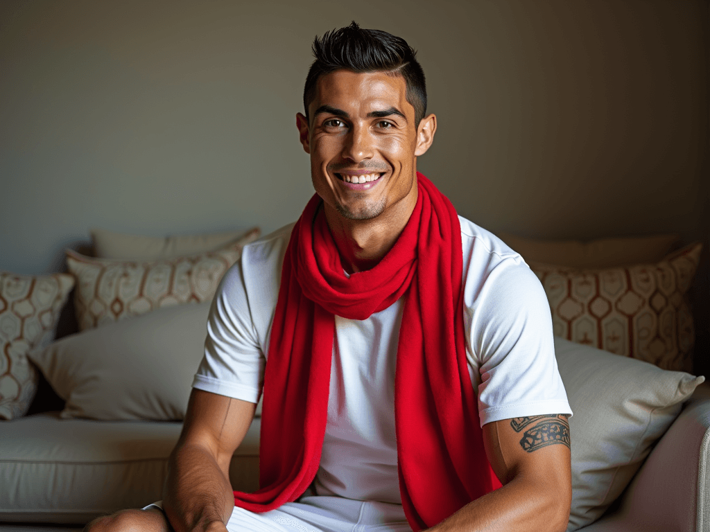 Cristiano Ronaldo is sitting and wearing a white Eid shirt and a red shamag
