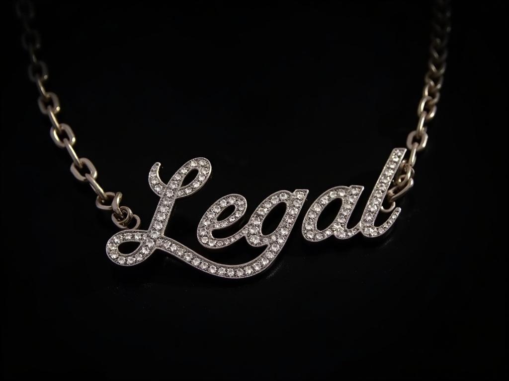 Create a silver chain with shiny diamonds with a name " LEGAL" make the background black, the should be on a doll

