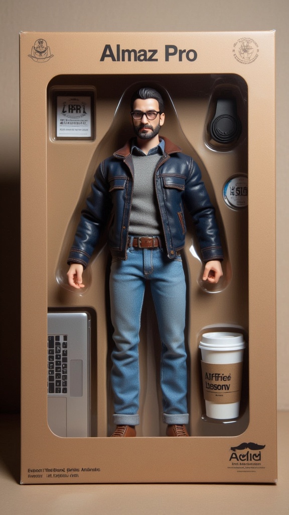 Create a realistic toy of the person in the photo. It should be a full-length action figure. The toy should be inside the box, and the figurine should have its accessories next to it: [a MacBook and a paper cup with coffee]. Write [Almaz Pro 2025] on the box at the top. Make it as realistic as possible.