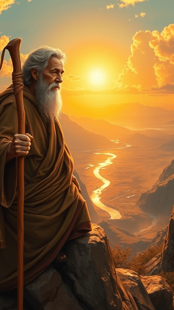 An aged Moses, weathered face etched with wisdom and sorrow, stands atop a craggy peak, his staff resting against sun-drenched rock, gazing upon the Promised Land bathed in the golden light of a setting sun; a breathtaking vista of fertile valleys and shimmering rivers unfolds before him, a poignant scene of unfulfilled destiny, rendered in a vibrant, painterly style reminiscent of Renaissance masters, conveying a sense of profound longing and bittersweet acceptance.
