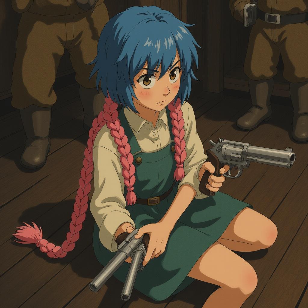 A serene Asian girl, short blue hair contrasting with long, vibrant pink braids, sits pensively on a dark, polished wooden floor, the weight of impending war etched on her face.  Rising, her serious expression hardens; she's alone, facing a legion.  Two gleaming pistols are drawn, their metallic gleam reflecting the dim light.  Fear grips monstrous enemies, their forms trembling as she bravely charges, a whirlwind of defiance and grace.
