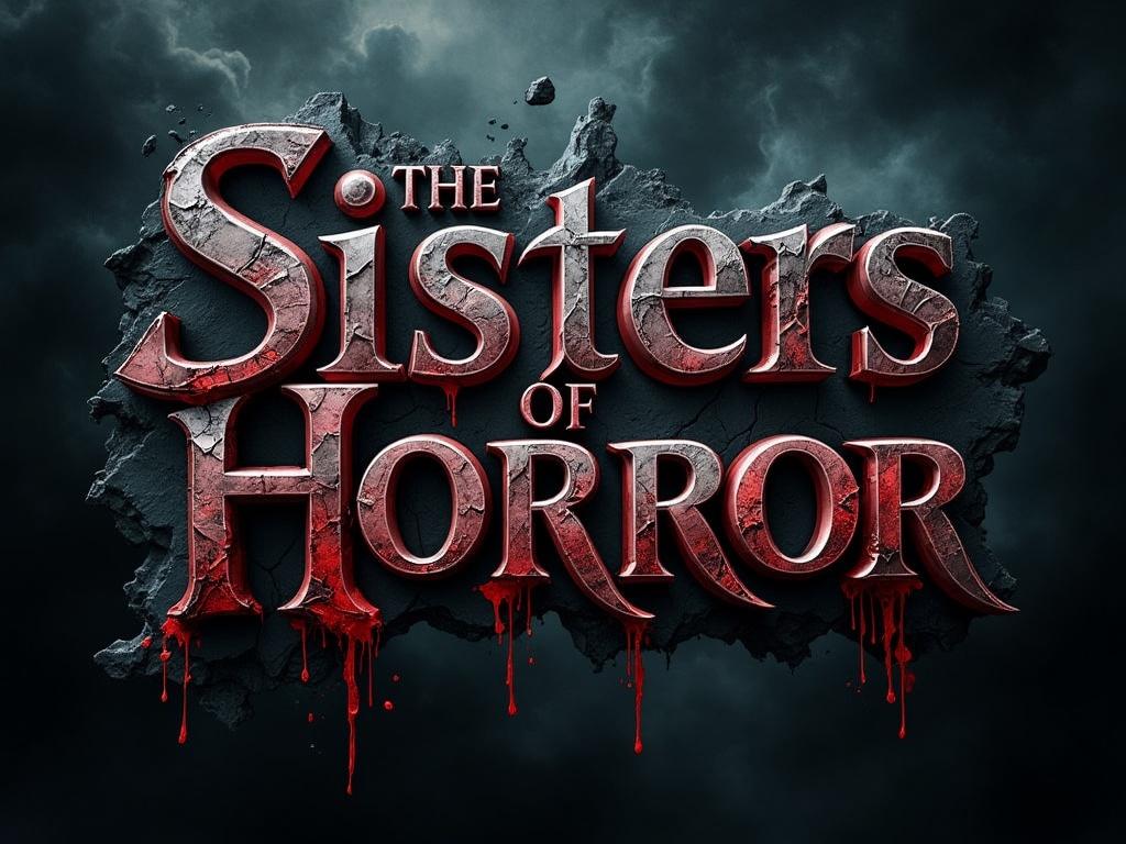 
“A terrifying cinematic horror logo for ‘The Sisters of Horror,’ in distressed, weathered Gothic lettering, cracked and decaying as if centuries old. Blood drips from jagged edges, with ghostly mist swirling around. Faint silhouettes of two eerie sisters lurk in the shadows, their faces obscured. Lighting is ominous, like The Conjuring poster — deep blacks, blood-red highlights, and a chilling, supernatural atmosphere.”