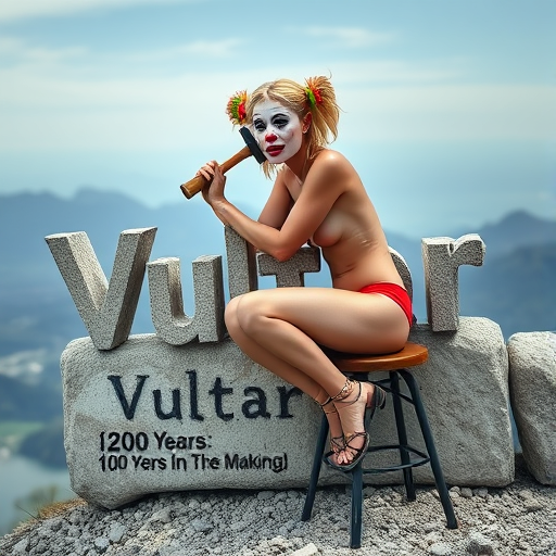 an attractive extremely scantly clad blonde haired woman wearing clown face makeup sitting on a small stool with a hammer and chisel, hammering a stone wall with the word "Vultar" under the word is the phrase "100 Years In The Making" at the top of a mountain