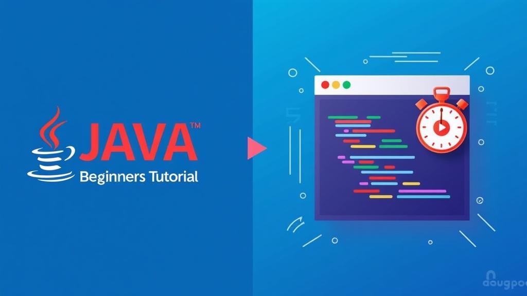 A vibrant, dynamic thumbnail design concept:  Left: Java logo, bold red "JAVA" above smaller "Beginners Tutorial," all against a deep blue gradient background. Right: A stylized code editor window displaying simple Java code, overlaid with a play button icon.  A stopwatch subtly suggests speed and simplicity.  The overall style is a modern, clean, and engaging design, evoking a sense of excitement and accessibility for beginners.
