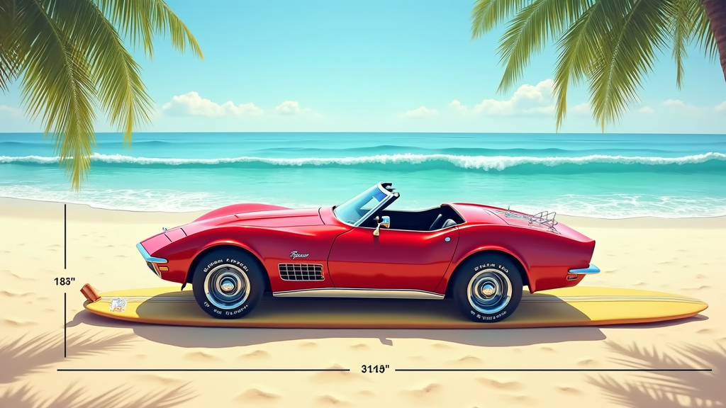 Image of a surf board that is 3 times length to 1 height. On the surfboard is a picture of the drivers side of a red 1969 corvette stingray convertible with black interior on a sandy beach with nice blue waves and green palm trees.