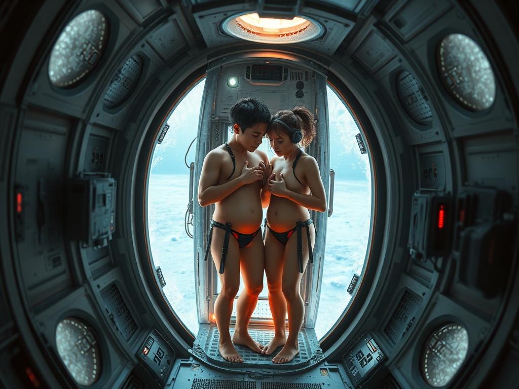 A realistic science fiction depiction of survival. Inside a tiny, elongated, transparent orbital elevator, temporarily adapted to aid survival during a lack of oxygen, food, and heating, two human figures—a young man and a woman—are squashed together like canned fish for warmth and survival. The elevator is a single-person facility, and in such a cramped space, they are largely unclothed. The elevator's thermal insulation and close proximity provide warmth. They press their chests together. Their skin is partially visible, but parts of their bodies are obscured by oxygen tubes, nutrient dispensers, and waste recycling devices. They are not wearing unnecessary equipment such as headphones. However, they do have vital signs monitored. The elevator stands in the center of an orbiting base. The room is cold, with frosted portholes. Only the elevator containing the people inside is not frosted. The entire figure appears vulnerable but determined, illuminated by the dim, warm sunlight streaming through the porthole. Frost covers the base's windows, but not the people inside. Electronics glow dimly, and the atmosphere is tense, emphasizing the necessity of survival in the freezing vacuum of space.