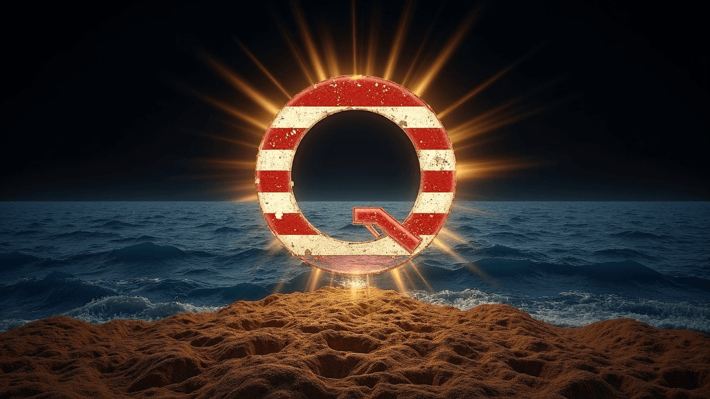 A 1200x630 pixel landscape header, a solemn, visionary emblem: a central, 200-pixel diameter circle, a bold serif "Q" in American flag colors (white, red stripes on deep blue), encircled by black.  Below, textured brown soil (150 pixels), then a gently undulating band of deep blue water (50 pixels).  Golden light rays radiate from the "Q," blending with transparency, evoking sacred illumination.  The style is a sacred emblem, balanced, centered, suggesting reverence, resilience, and readiness.
