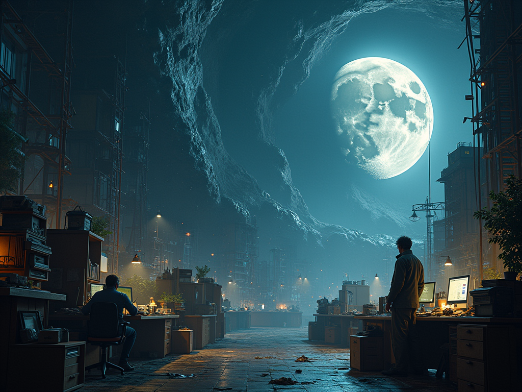 a mad scientist building a massive huge unbelievable queue that reaches from the office desk all the way into space where it touches the moon