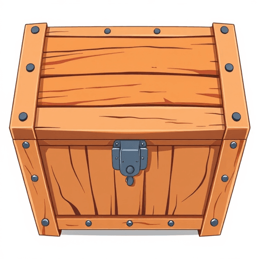 2D closed wooden chest made of steel. Perspective: top down view, forward facing with their top side and front side both visible. NO ROTATION, NO TILT, NO ISOMETRY. The style must be clean 2D-cartoon style inspired by Disney: smooth solid colors, clean outlines 