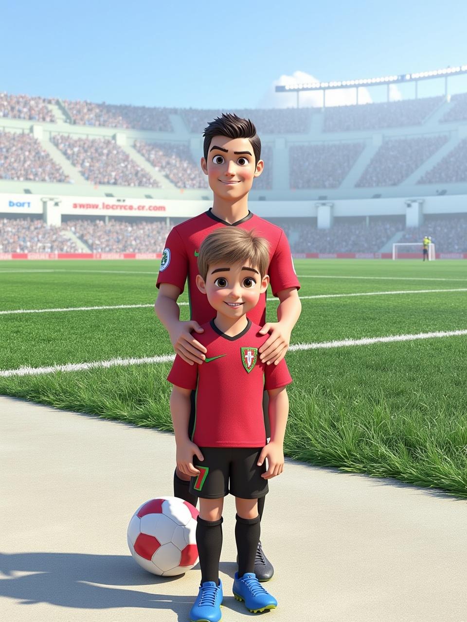 Save the boy's facial features from the attached photo: short light-brown hair, fair skin, direct gaze, slender build, red football uniform with the inscription "Labor", black socks, blue boots.
Save the facial features of Cristiano Ronaldo: dark short hair, dark skin, athletic build, clear cheekbones, white-toothed smile, Portugal national team uniform #7.

STYLIZATION: Pixar 3D animation, large expressive eyes, soft skin with subsurface scattering, clean fabrics, bright sports atmosphere, cinematic depth of field, rim-light.

SCENE: football field. On the left, the boy smiles, lightly holding the ball at his foot. On the right, Ronaldo puts his hand on the boy's shoulder. The atmosphere is joy, support, sports pride. In the background, a blurred stadium.

CAMERA/LIGHT: 35mm, eye level, bright daylight, soft shadows, high detail.

NEGATIVE: no anime, no caricature, no grotesque proportions, no excessive skin shine.