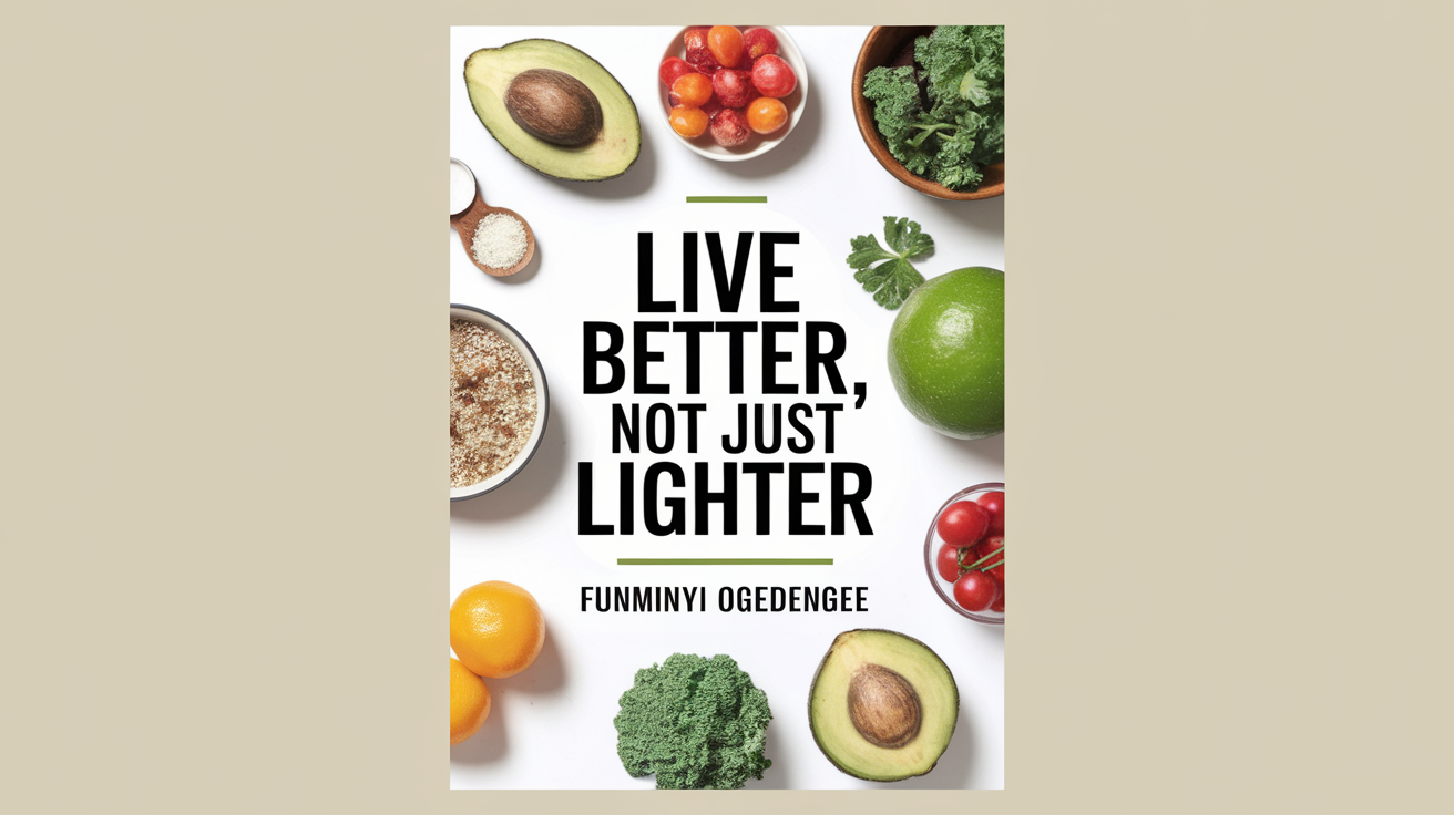 Generate a cover page for my healthy living ebook titled, " Live Better, Not Just Lighter". Add pictures that supoort the title of the book. The name of the author is Funminiyi Ogedengbe 