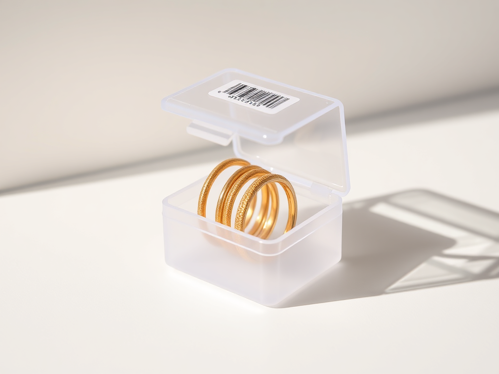 lear plastic storage box in vertical position on white surface. Contains four golden textured rings/bangles visible through translucent lid. Barcode sticker on top. Professional product photo with bright lighting and clean shadows. Minimalist commercial style.