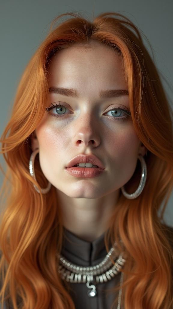 Create an ultra-close-up editorial-style portrait of a woman with long reddish-blonde hair and soft natural makeup, replacing the original subject from the reference photo. The scene is shot in a neutral studio environment with a medium-grey seamless backdrop, creating clean subject isolation. Camera setup: Use a 28mm or 35mm wide-angle lens shot extremely close to the subject's face, centered and tightly cropped at the forehead and shoulders. Slight upward angle (just below eye level) to exaggerate facial proportions and draw attention to the eyes and mouth. Lighting: Use a single hard flash positioned directly in front of the subject — similar to an on-camera strobe — creating sharp-edged shadows and strong directional highlights. Maintain a high flash power to emphasize skin texture, micro-details, pores, and hair strands. Include catchlights in both eyes, giving them a wet, glossy appearance. Styling: Replace original punk accessories with items appropriate for the new subject but stay consistent with the theme. For example, silver or chrome earrings, edgy metallic details, or a bold reflective prop (like a CD) near the mouth to replicate the reflective highlight. Keep the same mischievous or intense facial expression — eyes locked into the camera. Colour palette & grading: Push a film-inspired cross-processed look. Cool blue tones in shadows, warm skin highlights with a subtle orange-magenta cast. Maintain high contrast, with crushed blacks and slightly blown highlights. Simulate 35mm film grain to add texture, especially in skin and background.