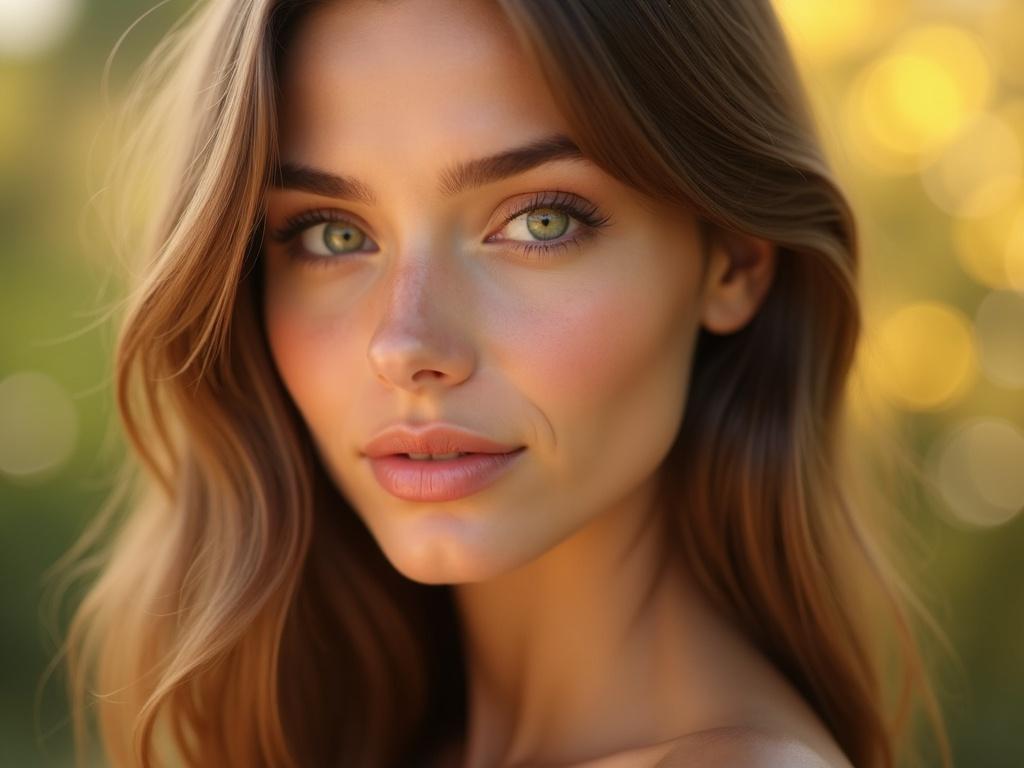 A hyper-realistic portrait of a beautiful young woman with straight, light brown hair that falls gracefully past her shoulders, silky and well-defined strands reflecting soft natural light. She has vivid green eyes with intricate iris details, framed by long, delicate lashes and perfectly shaped eyebrows. Her full, soft lips have a natural rosy tint, slightly parted in a gentle, serene expression. Her skin is flawless, smooth, and luminous with a warm undertone, subtly glowing under golden hour sunlight. She is wearing a simple yet elegant outfit in neutral tones, enhancing her natural beauty. The background is softly blurred with a warm bokeh effect, emphasizing depth of field and drawing attention to her face. The overall mood is gentle, captivating, and ethereal, evoking both realism and artistic elegance. Ultra-high resolution, sharp focus on facial details, cinematic lighting, photographic depth, 85mm lens, f/1.4, masterpiece, award-winning photography style.