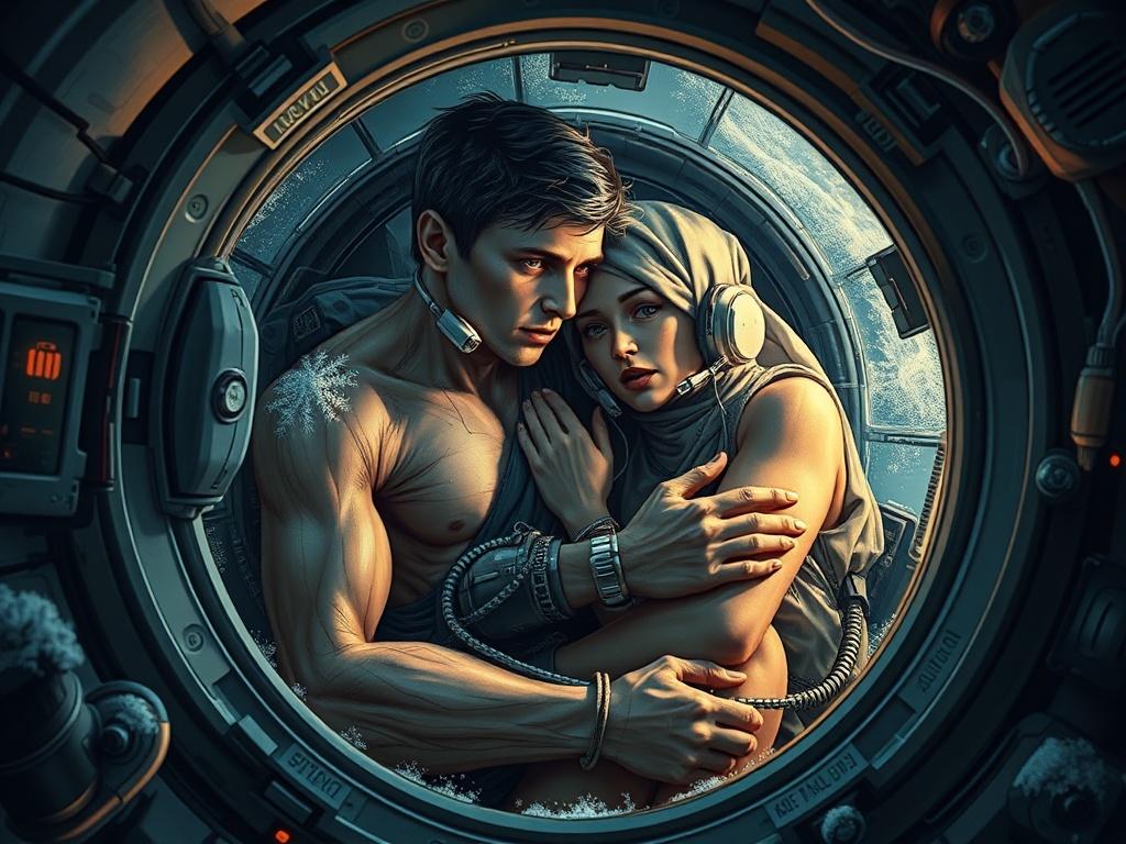 A realistic science fiction illustration of survival. Inside a tiny orbital capsule, two human figures—a young man and a woman—are huddled together for warmth and survival. Their skin is partially visible, but parts of their bodies are obscured by oxygen tubes, nutrient dispensers, and waste recycling devices. The figures appear vulnerable but determined, illuminated by the dim light streaming through the porthole. Frost covers the capsule's windows, but not the people inside, as they huddle together, warming each other. Electronics glow dimly, and the atmosphere is tense, emphasizing the necessity of survival in the freezing vacuum of space.