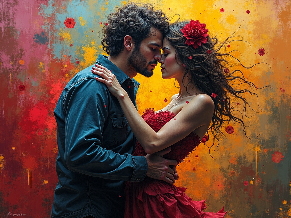 A passionate embrace, rendered in a vibrant, chaotic style reminiscent of early 20th-century Expressionism, with swirling colors and distorted figures, conveying intense emotion and raw energy, a whirlwind of color and movement, capturing a fleeting moment of intimacy.
