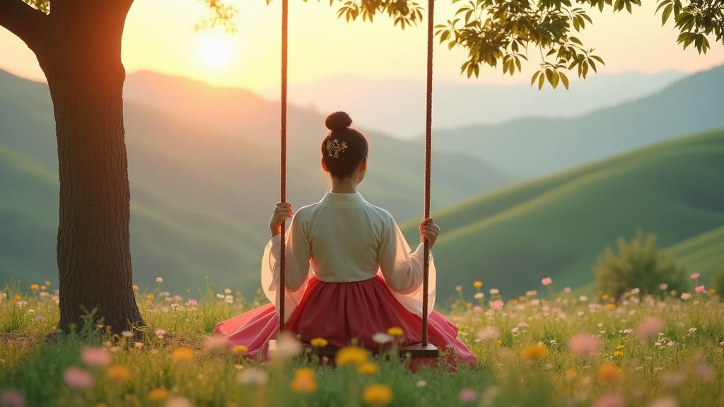 A young Korean woman in traditional hanbok sitting on a wooden swing under a tree, surrounded by wildflowers on a hillside. She has her hair tied in a neat traditional bun with a decorative hairpin. The scene is lit by soft golden hour sunlight, with a warm and peaceful atmosphere. The background shows rolling green hills and distant mountains under a pastel sky. Ultra-realistic photography, cinematic lighting, shallow depth of field, 16:9 aspect ratio, high detail
