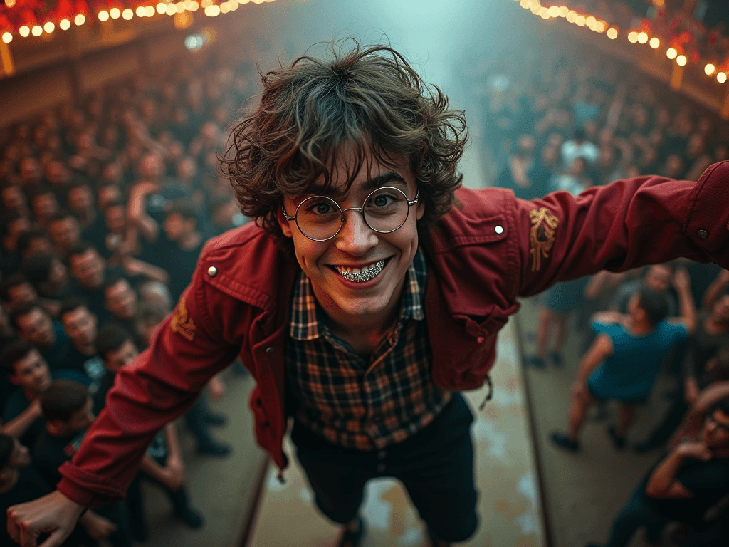 make an image of Harry Potter wearing diamond grilz on his teeth while the image is from a top down birds eye view perspective and Harry Potter is crowd surfing through a mosh pit