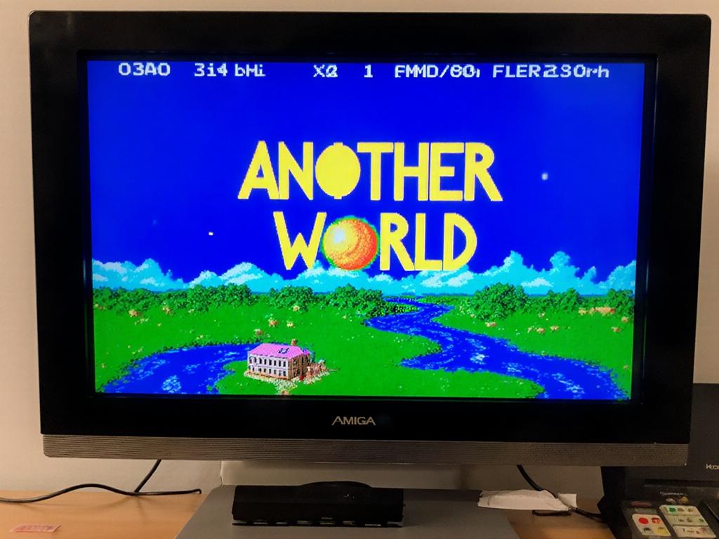 stworz mi obraz z Amiga 500 i z monitorem retro na ktorym jest wyswietlana gra Another World na ekranie ma byc to taki styl z koncowych lat 80tych
