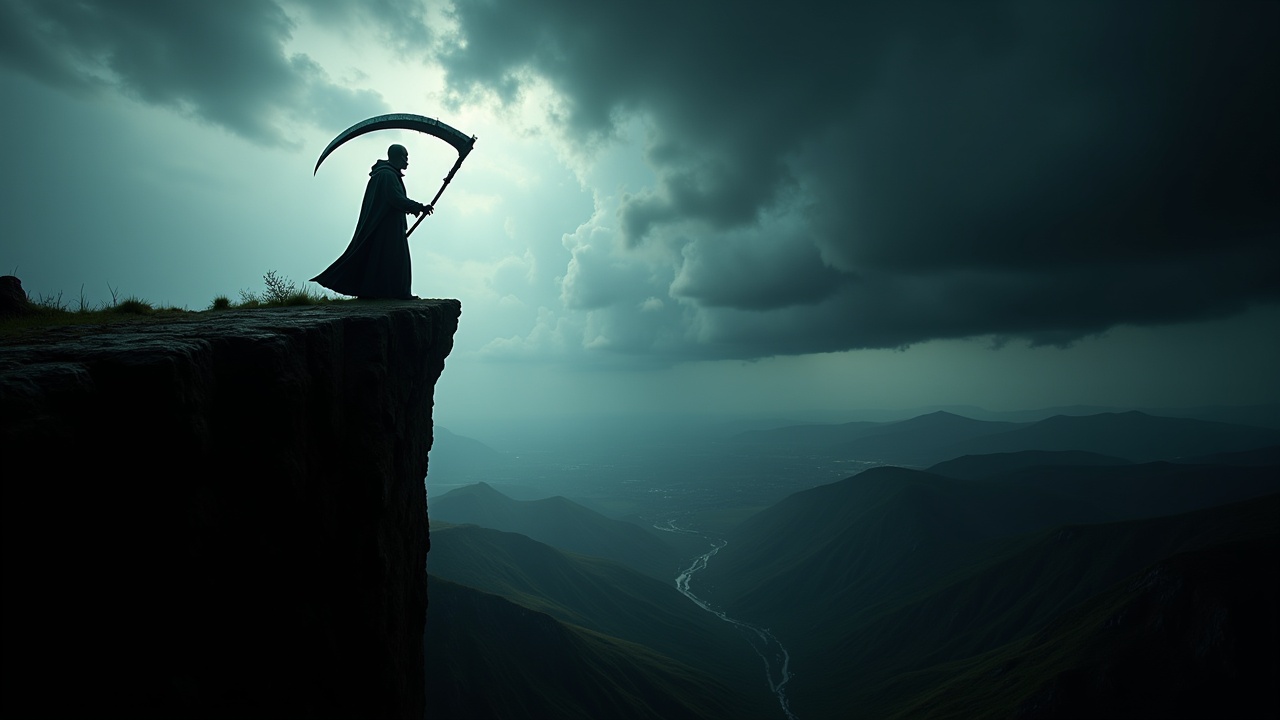 A person standing at the edge of a mountain cliff, holding a large scythe in their hand, poised to strike the earth below with powerful force. The scene is dramatic and intense, with dark clouds in the sky and the vast landscape stretching out below. The person’s silhouette is strong and determined, capturing a moment of tension and power