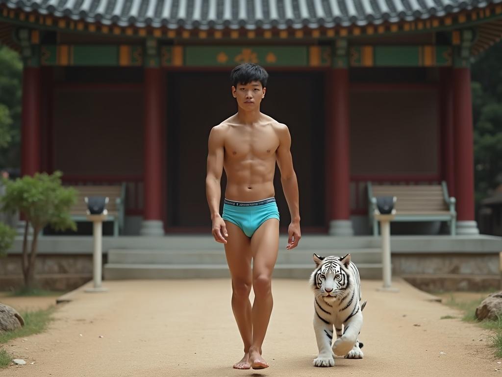 a shirtless twenty years old korean guy wearing a cyan jockstrap walking barefoot front of a traditionnal korean temple next to a baby white tiger