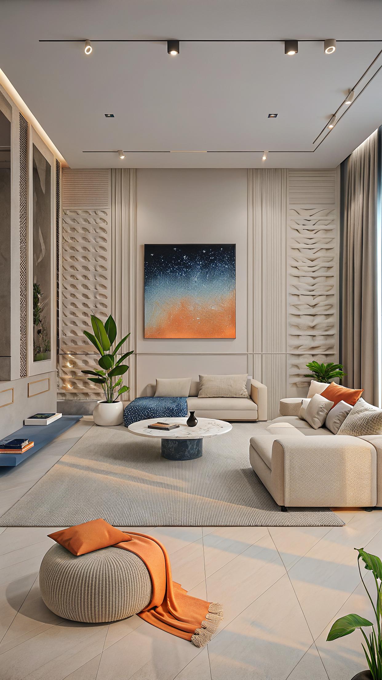 "Create a night version of the same modern interior living room. Keep all furniture, decor, and layout exactly the same. Only change the lighting: turn off natural daylight and turn on the soft LED strip lights above the curtains. The room should be dimly lit with a warm glow from the ceiling LED strips. Shadows and depth must match the nighttime ambiance. Do not add or remove any objects or textures. Everything else remains identical."

