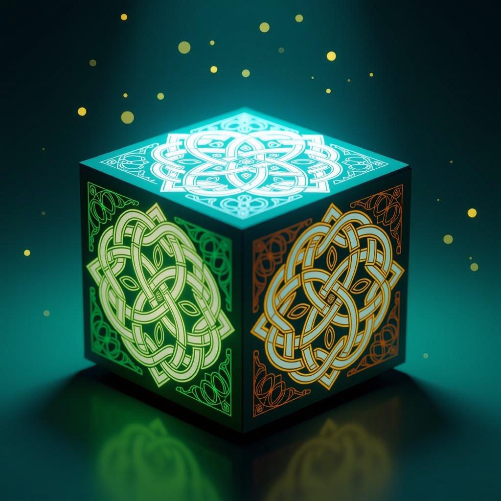 A mesmerizing, isometric cube floats in a softly lit void, each face intricately adorned with luminous Celtic knotwork, seamlessly integrating the Pisces symbol.  The style is a vibrant fusion of ancient illuminated manuscripts and modern digital art, rendered in a random, painterly style with a rich palette of seafoam greens, deep blues, and gold accents.  The cube's intricate details, highlighted by subtle shadows, evoke a mystical, reverent atmosphere.
