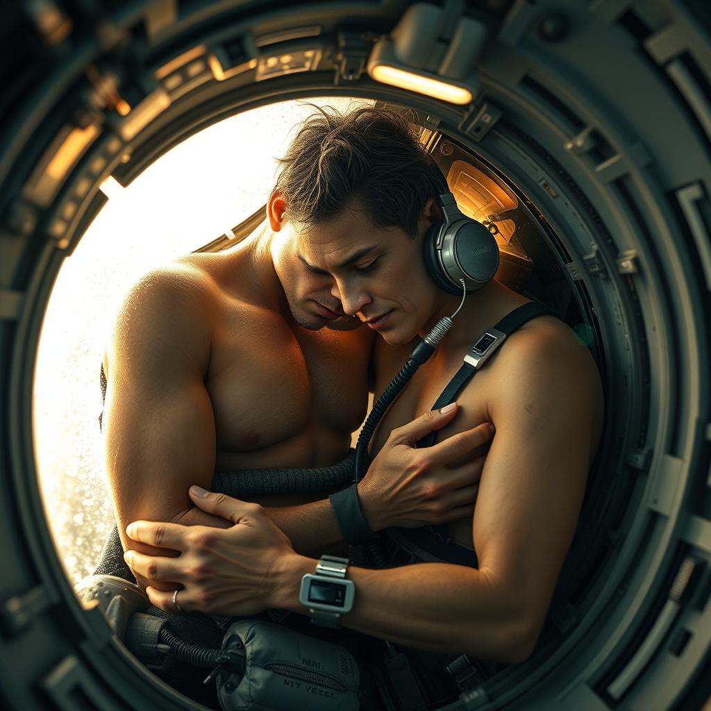 A realistic science fiction depiction of survival. Inside a tiny, elongated orbital capsule, two human figures—a young man and a woman—are huddled together for warmth and survival. Their skin is partially visible, but parts of their bodies are obscured by oxygen tubes, nutrient dispensers, and waste recycling devices. They are not wearing unnecessary equipment such as headphones. Instead, they are equipped with vital signs monitoring devices. The entire figure appears vulnerable but determined, illuminated by the dim, warm sunlight streaming through the porthole. Frost covers the capsule's windows, but not the people inside, as they huddle together in the tight, elongated space, warming themselves. The electronics glow dimly, and the atmosphere is tense, emphasizing the necessity of survival in the freezing vacuum of space.