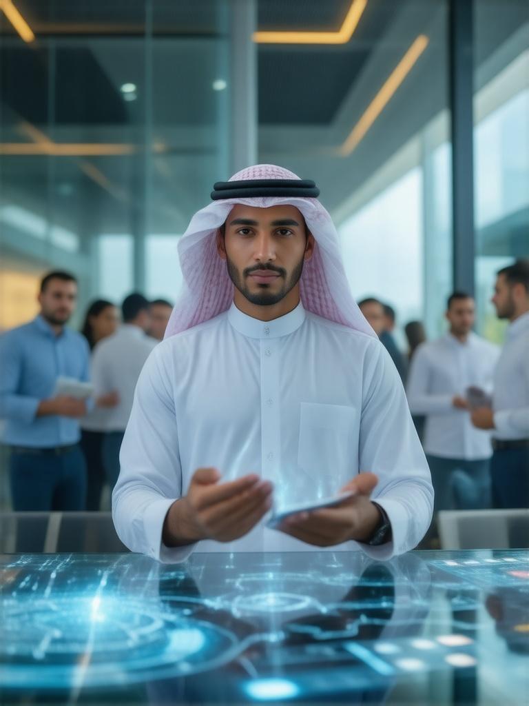 A young Saudi executive, in crisp white thobe and red ghutra, collaborates with a diverse team in a sun-drenched, modern glass office; holographic D365 and AI applications shimmer, faces illuminated by focused determination, reflecting Saudi Vision 2030's ambition.  Hyperrealistic rendering, sharp details, intense light play, vibrant Saudi business energy, digital transformation.
