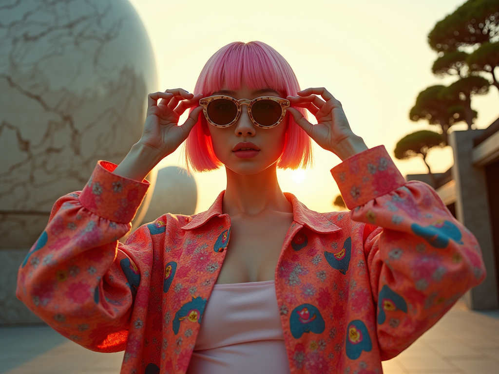 a photo editorial avant-garde dramatic action pose of a woman short pink hair wearing 70s round wacky sunglasses pulling glasses down looking forward, in Tokyo with large marble structures and bonsai trees at sunset with a vibrant illustrated jacket surrounded by illustrations of flowers, smoke, flames, ice cream, sparkles, rock and roll