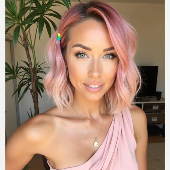 A woman with a light tan complexion and a short, wavy, vibrant pink hairstyle is pictured. 


She is wearing a light peach or rose-colored one-shoulder tank top. 


A gold necklace is visible around her neck.  Colorful hair ties are used to create small sections in her hair. Her makeup is light, with a focus on highlighting her features and eyes are a light blue.  


A potted plant is in the background, providing a soft, natural backdrop to the image. The lighting is flattering and diffused.