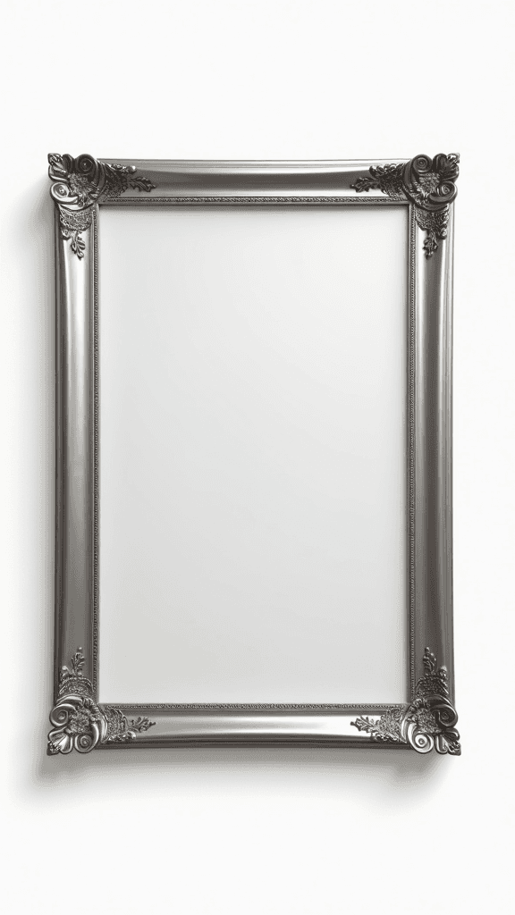 The frame for the ceremonial painting. The frame is clean and light. A frame with thin, narrow walls. Narrow details, thin elements. Light thin narrow dark threaded ornament. Style: hi-tech urban. Photorealism. Material: light stainless steel. The most precise shape of the elements. Maximum detail. Maximum realism. Format 16:9. The frame is on a white background. 