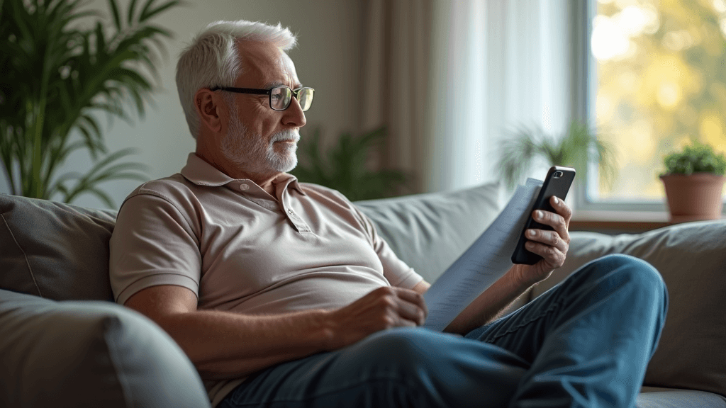 A realistic image of a 65-year-old man wearing a polo shirt and jeans, sitting calmly and attentively on a couch in a cozy living room. The room is softly lit with natural light, with green plants visible in the window. The man has just entered the room, picked up his phone and a medical prescription order. The camera angle is a wide shot (long shot), capturing the entire scene as if taken 1.5 seconds into the action. The patient’s smartphone is visible, showing a healthcare app interface on the screen.