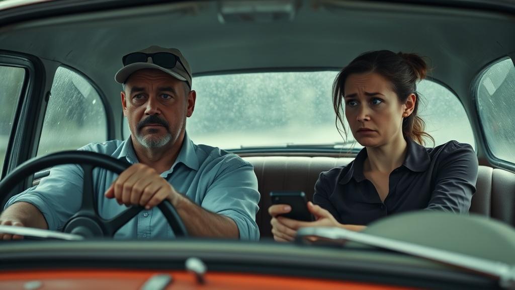 A man and a woman sitting inside an old vintage car. The man is in the driver’s seat, gripping the steering wheel with a slightly calmer but serious expression. He wears a light blue button-up shirt and a gray cap, with sunglasses resting on his face. The woman in the passenger seat looks worried but not crying, holding a phone in her hands. She wears a burgundy blouse instead of green. The background shows a rainy window and muted lighting, giving the scene an emotional, cinematic atmosphere. 16:9 aspect ratio, realistic style.

