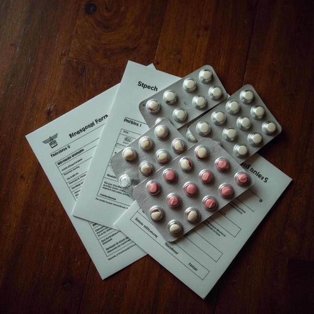 An overhead view of a dark hazel-colored table on which are several blisters of tablets of various shapes. There are no names. Several papers peek out from under the blisters - pharmacy forms