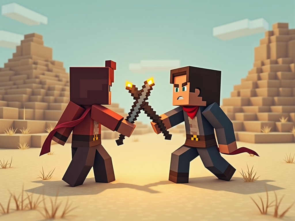 génere une image de pvp a la 1er personne dans minecraft ou envoie juste 2 bras avec 1 epee unjoueur en face qui prend des degat avec lui aussi avec une epee dans un desert , ecrit au centre en bas " Splifight pvp " tu met en haut a gauche " Combo x5 ! " en rouge claire en haut a droite tu met " Let's play #01 "