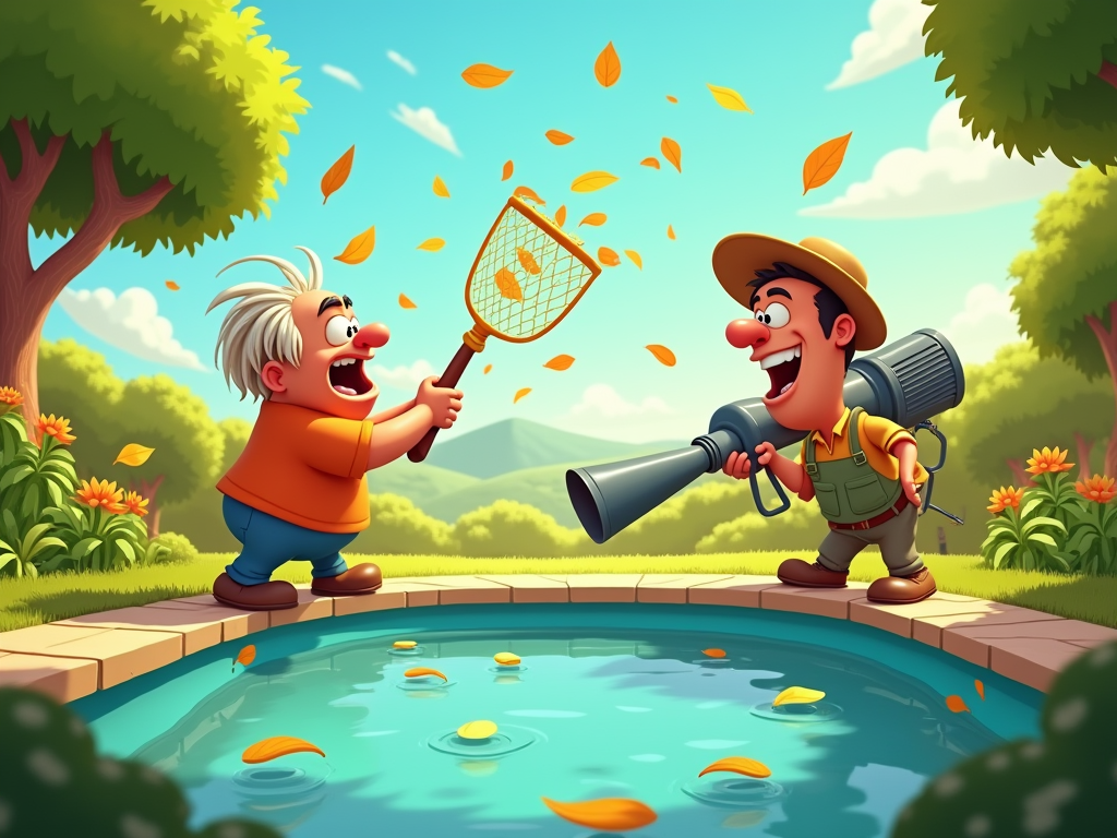 A whimsical, vibrant animation depicting a comedic feud between a piscineiro and a gardener, set against a backdrop of a sun-drenched Brazilian landscape.  The piscineiro, with exaggerated features and a northeastern Brazilian accent, battles falling leaves, using a comical oversized net.  The gardener, equally cartoonish, blows leaves with a powerful leaf blower, oblivious to the piscineiro's plight.  The animation culminates in a truce, both characters smiling, showcasing the CrystalPlus Piscinas logo.
