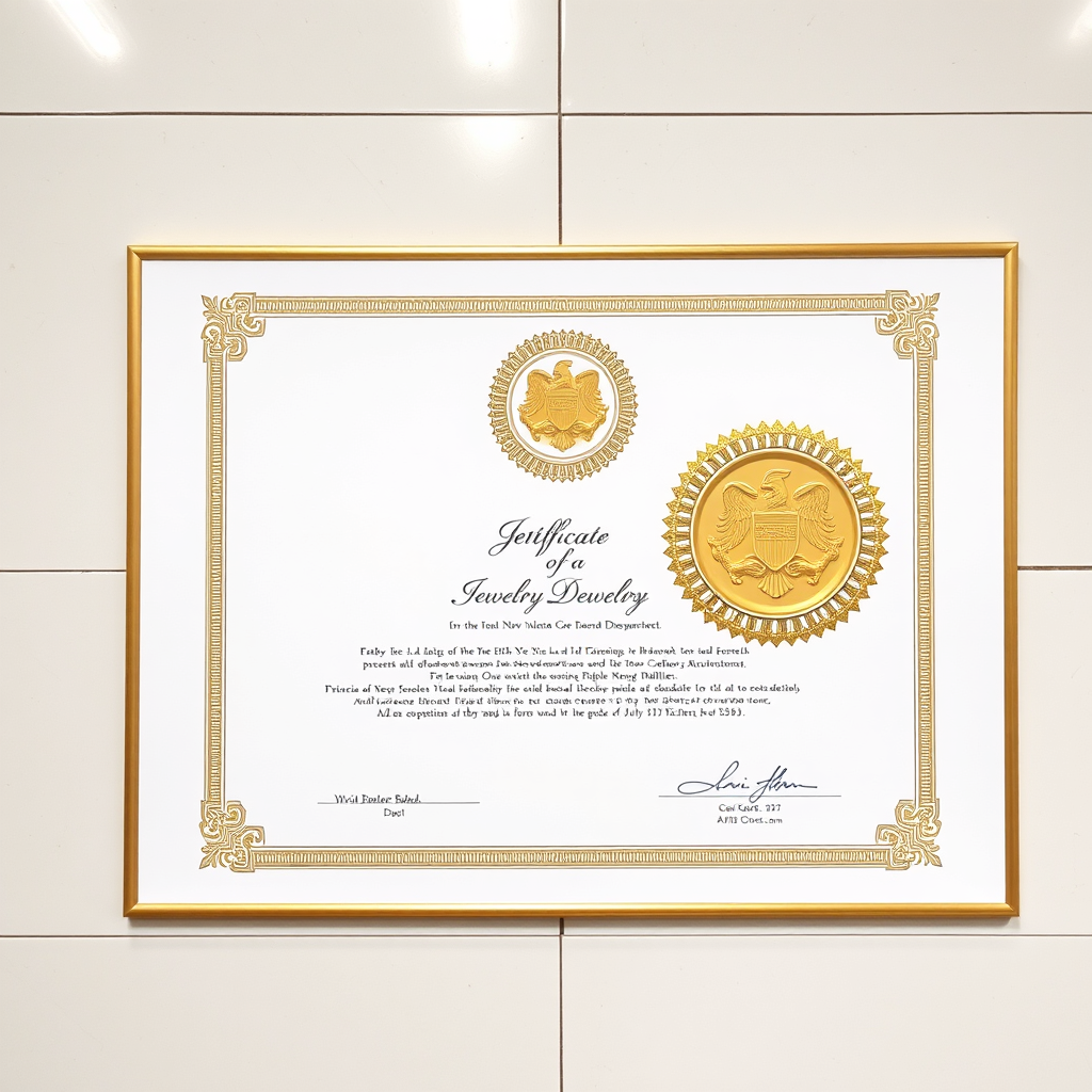 Gold jewelry certificate lying on white floor, shot from above. Clean white paper with prominent, large official seals dominating the design. Gold ornate border frames the document. Crisp black text beneath the one bold seals. Professional overhead lighting.