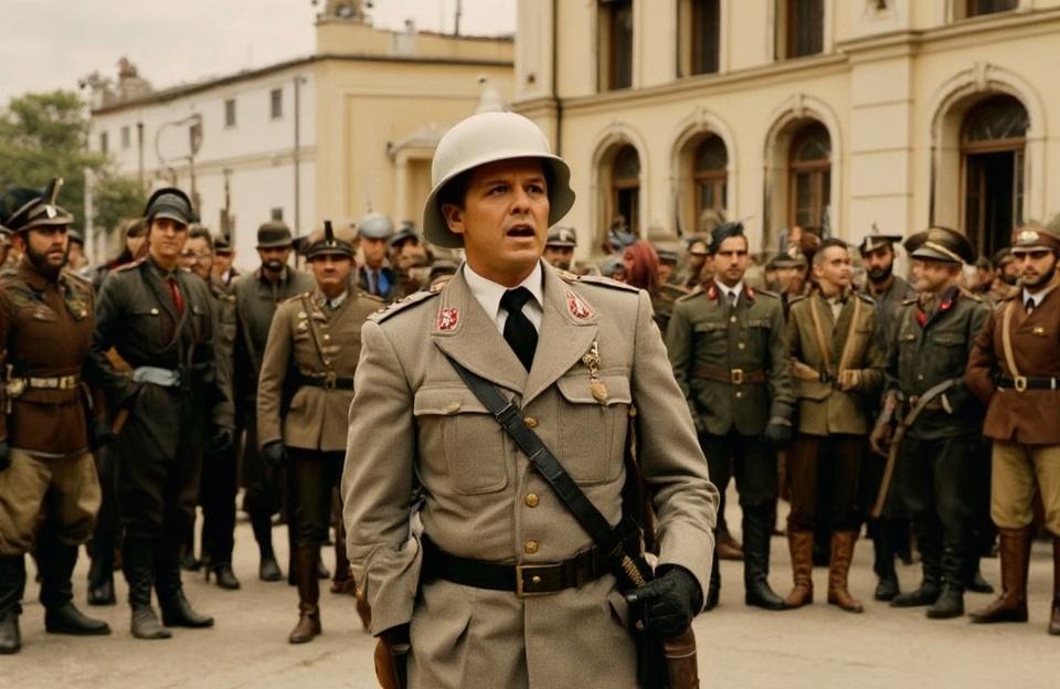 {
"prompt": "A cinematic color photograph, meticulously detailed, depicting Gabriele D'Annunzio in the foreground, energetically addressing a large group of his legionary soldiers in Fiume during the 1919 occupation. D'Annunzio is wearing a distinguished military uniform with a light-colored riding helmet, his expression animated and authoritative. The soldiers behind him are a diverse assembly, wearing various military uniforms and headwear, some with more formal attire, others with a more rugged appearance. The setting is an outdoor urban environment in Fiume, with classical Austro-Hungarian architecture visible in the background, including a grand building with arched windows. The ground is a light-colored surface, possibly a paved area. The lighting is natural daylight, casting soft shadows and highlighting the textures of the uniforms and the architectural details. The color palette should be rich and realistic, characteristic of a high-quality cinematic production, bringing depth and vibrancy to the historical scene. Focus on sharp details in the faces, uniforms, and the surrounding environment to create an immersive and historically evocative image.",
"negative_prompt": "monochrome, black and white, low quality, blurry, cartoonish, animated, sketch, drawing, simple, unrealistic, disfigured, poorly drawn faces, extra limbs, text, writing",
"style_raw": "cinematic, historical, photorealistic, detailed, vibrant colors",
"aspect_ratio": "16:9",
"quality": "high",
"seed": 42
}