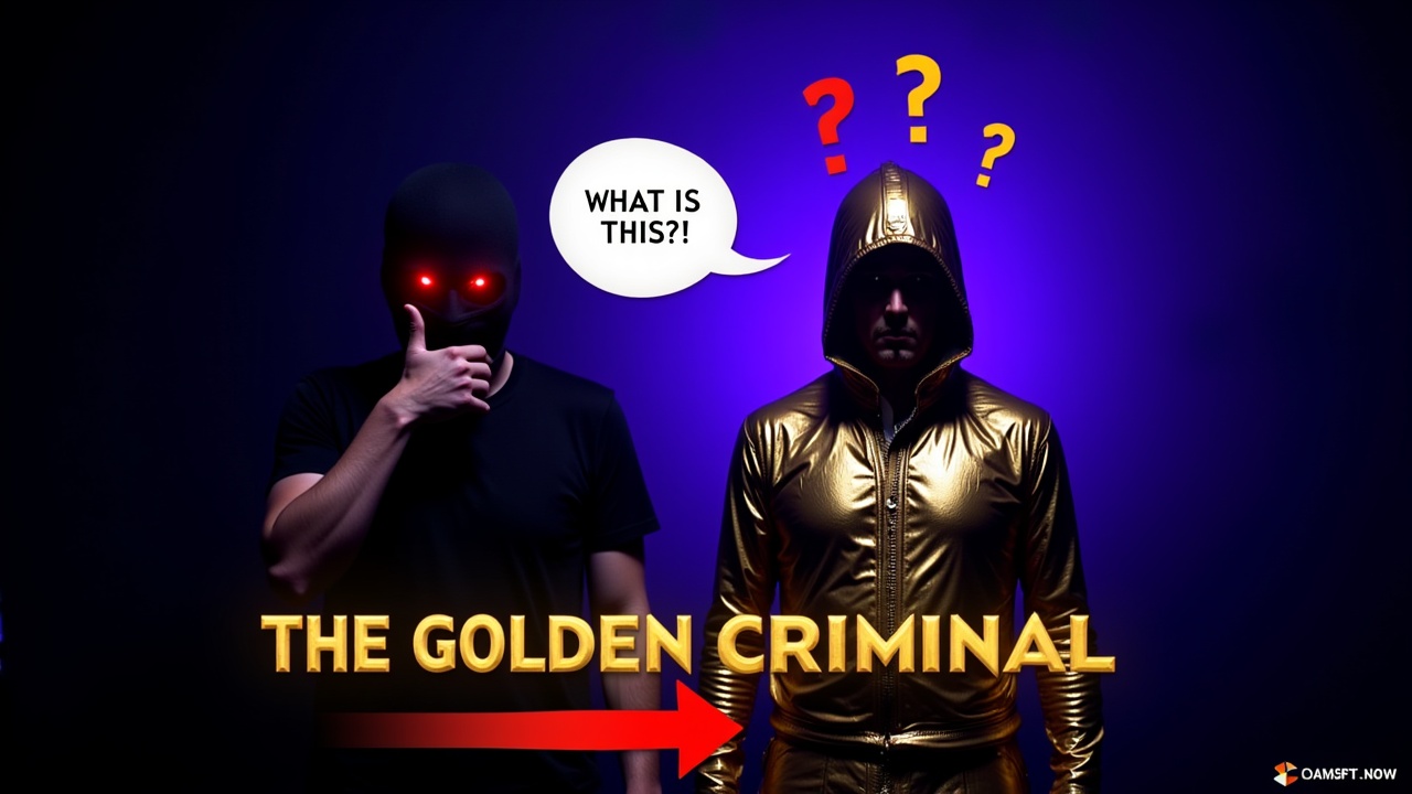 A glowing background in shades of blue and purple. On the right, a figure wearing a gold-covered outfit, with an unclear face and question marks over the head. On the left, a person wearing a black mask with glowing red eyes, holding their hand over their mouth in shock. Above them is a speech bubble that says: "What is this?!" in bold font. In the center, a red arrow points toward the mysterious figure. At the top, a large title reads: "THE GOLDEN CRIMINAL". The lighting is intense, giving a dramatic and suspenseful effect.