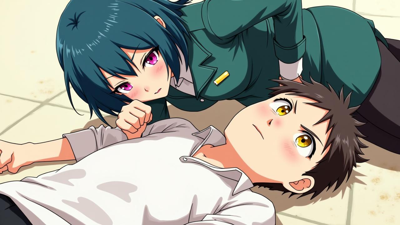 An anime-style image shows a young adult woman with fair skin, black hair, and intense magenta eyes positioned above a young adult man with fair skin, brown hair, and yellow eyes. The woman is on her hands and knees, leaning over the man who lies on his back on a light-colored, possibly tiled, floor. Her right fist is clenched, raised slightly above her head, and her left hand is placed on the floor near the man's head. She wears a teal-green uniform jacket with golden accents and a black skirt, along with sheer pink stockings and dark shoes. The man is dressed in a white collared shirt and dark trousers, with his arms extended upwards, seemingly trying to block or brace himself. The lighting appears bright, with subtle white specks scattered across the foreground, suggesting dust or light particles.