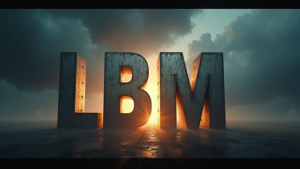 Create a hyper-realistic, cinematic movie production logo featuring the bold, stylized letters L B M, standing for LandscaperBob Media. The letters should be large, metallic, and three-dimensional, with a brushed steel texture and dramatic lighting casting soft shadows. Position the letters in the center of the frame, spaced slightly apart with depth and weight, as if forged from industrial-grade metal.

Behind the letters, feature a dark, cloudy sky or a sunlit horizon breaking through storm clouds — symbolizing creativity rising through grit. Include subtle lens flares and particle effects like dust or light rays moving across the screen, enhancing the cinematic atmosphere.

Add a faint engraved subtitle beneath the letters:
“LandscaperBob Media” in a clean, sleek font — minimalist but modern.

Incorporate a subtle slow camera zoom-in or pan if animating. The color palette should be rich and moody: dark blues, silvers, and golden highlights. This should resemble the intro of a high-end production studio, suitable for theatrical release or major streaming service branding.