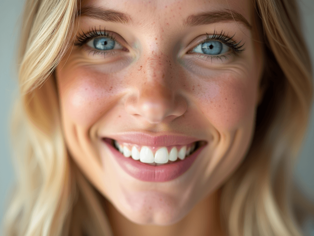a hyper realistic closeup face portrait of a beautiful blue eyes perfect white teeth light freckled skin beautiful  full blonde hair neutral background perfect lighting vibrant colors perfect saturation stunning quality professional camera cristal clear 
copy
