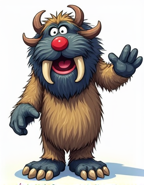 Create a dynamic illustration of Doglion, a towering, full-bodied Muppet monster from The Muppet Show. He has shaggy tan-and-brown fur, a thick mane, a dark gray face with a red nose, white eyes, curved horns, and large walrus-like teeth. Standing in a spotlight on a colorful vaudeville-style stage, Doglion strikes a playful pose with expressive, furry limbs. The atmosphere is chaotic and humorous, capturing Jim Henson's signature puppetry style mixed with vibrant cartoon animation aesthetics.